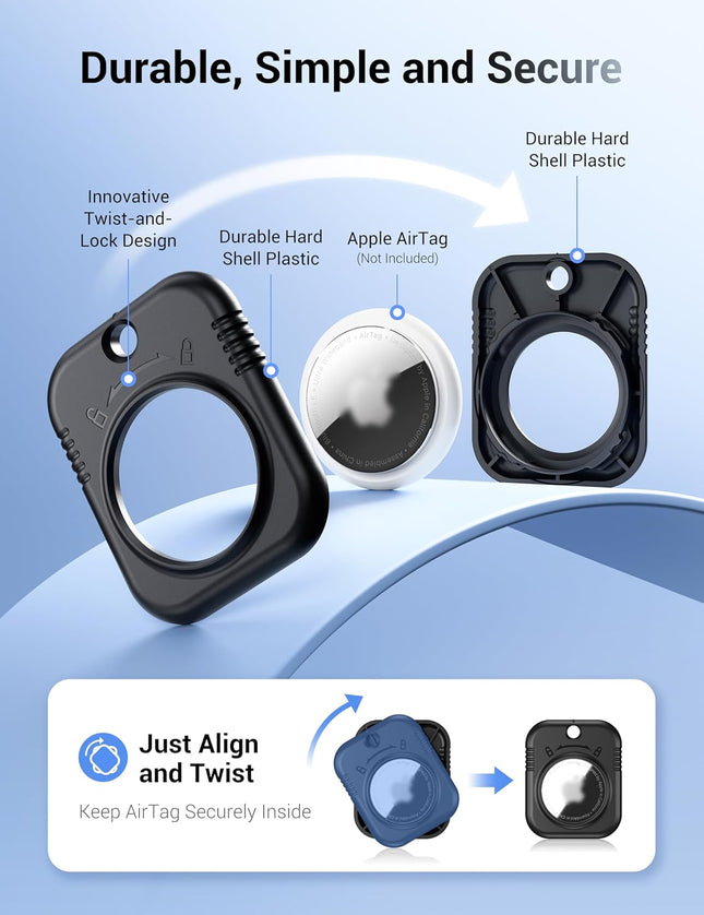 Airtag Keyring Holder with Keychain & Key Tag, Stylish Secure Hard Shell Air Tag Case Cover for Apple Air Tags GPS Tracker - Black 2Pack