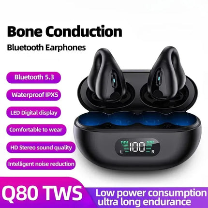NEW TWS Q80 Wireless Headphones Bluetooth 5.3 Bone Conduction Earphones Earclip Design Touch Control Led Earbuds Sports Headsets