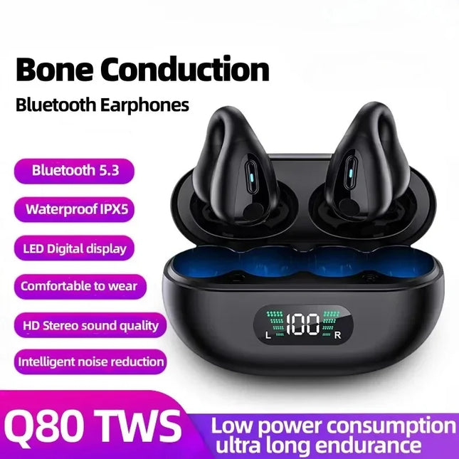 NEW TWS Q80 Wireless Headphones Bluetooth 5.3 Bone Conduction Earphones Earclip Design Touch Control Led Earbuds Sports Headsets
