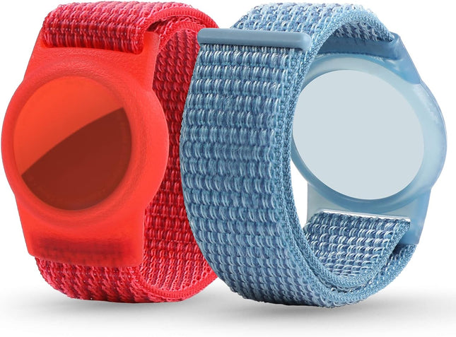 Air Tag Wristband Kids(2 Pack), Nylon Air Tag Bracelet for Kids Compatible with Apple Air Tag, Air Tags Protective Cover with Strap Holder Lightweight Elastic Watch Band for Kids, Elders(Red & Blue)