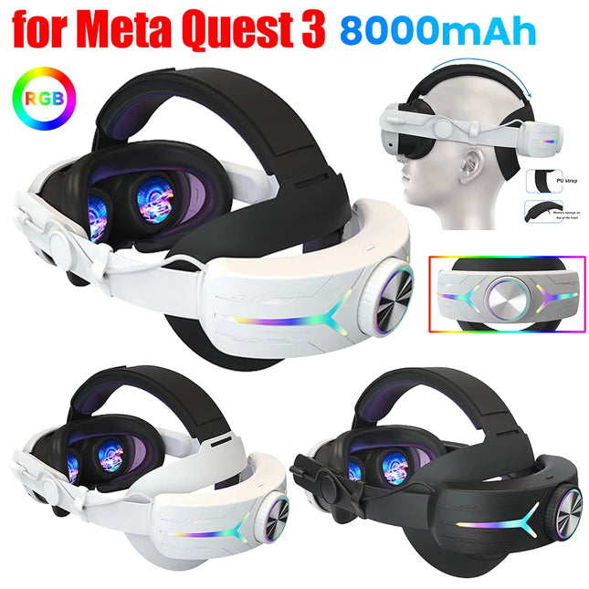 RGB Adjustable VR Head Strap 8000Mah Rechargeable Alternative Head Strap Comfort Reduce Face Pressure for  Quest 3 Headset
