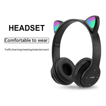 Wireless Headphones Cat Ear Bluetooth-Compatible Helmets Glow Light Over-Ear Headsets Cute Sports Headphones for Kids and Adult
