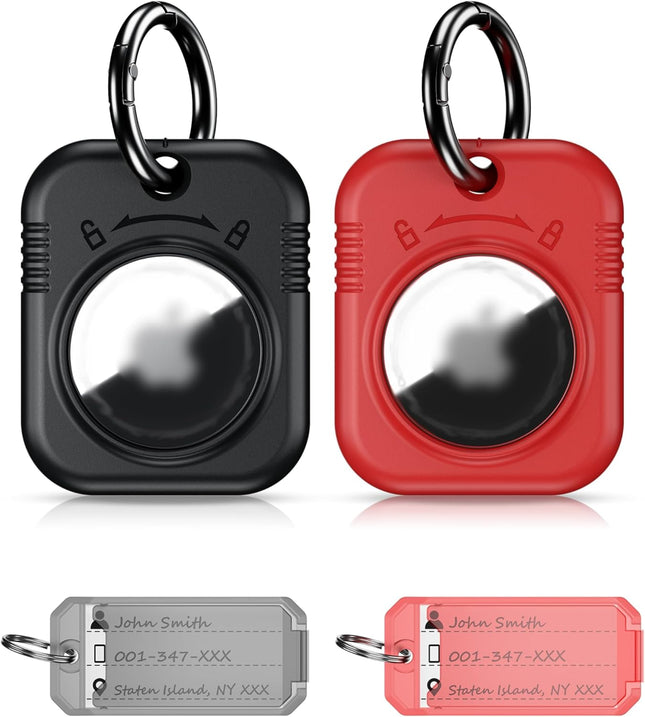 Airtag Keyring Holder with Keychain & Key Tag, Stylish Secure Hard Shell Air Tag Case Cover for Apple Air Tags GPS Tracker - Black 2Pack